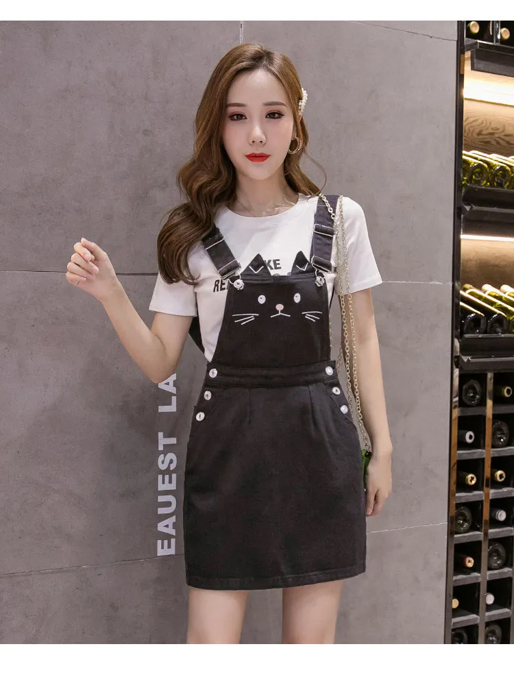 Cat Embroidery Summer Jeans Black Mini Denim Bodycon Vestidos Mujer