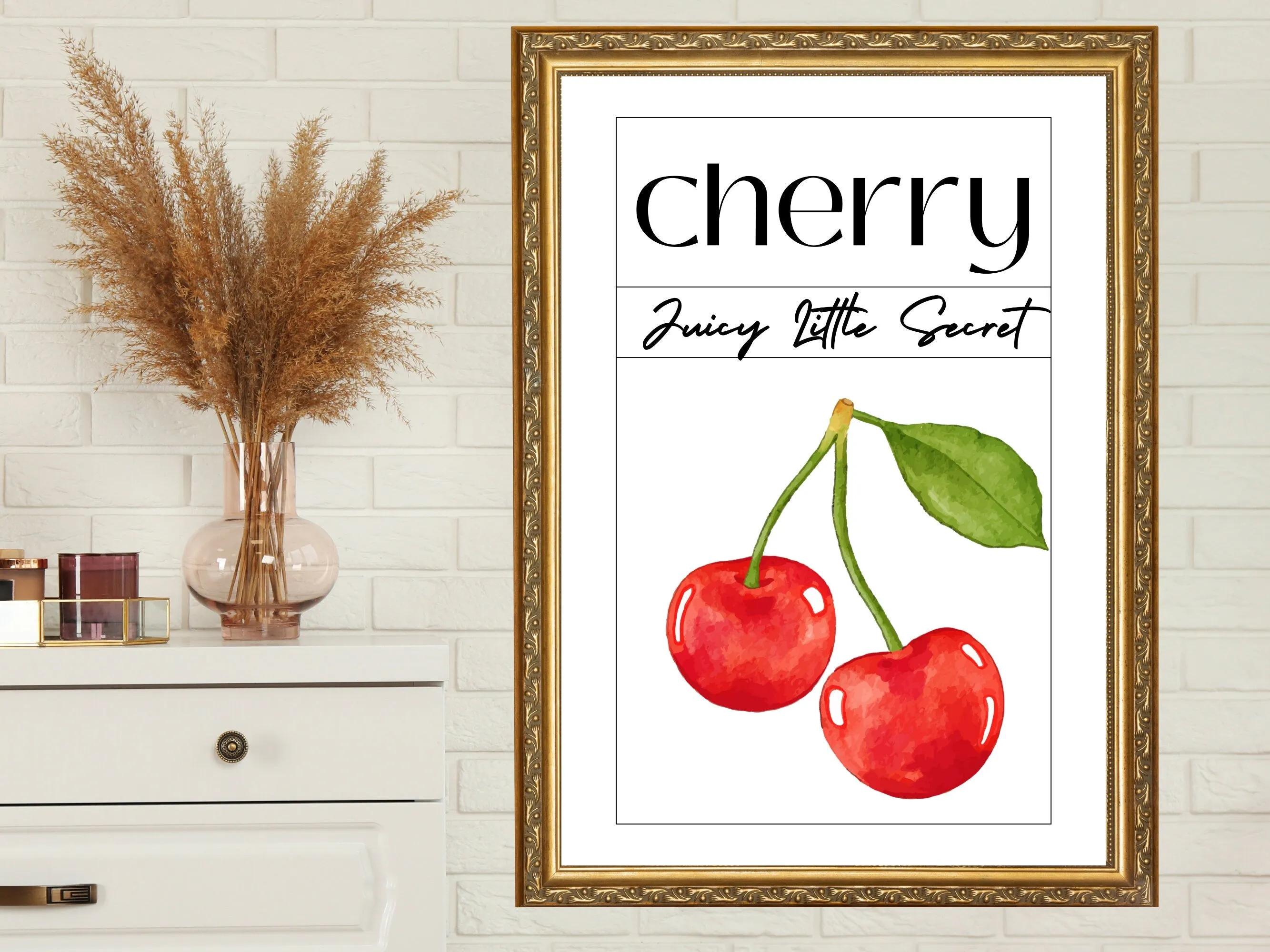 Cherry Print: "Juicy Little Secret" Minimalist Wall Art for Kitchen, Summer Trends