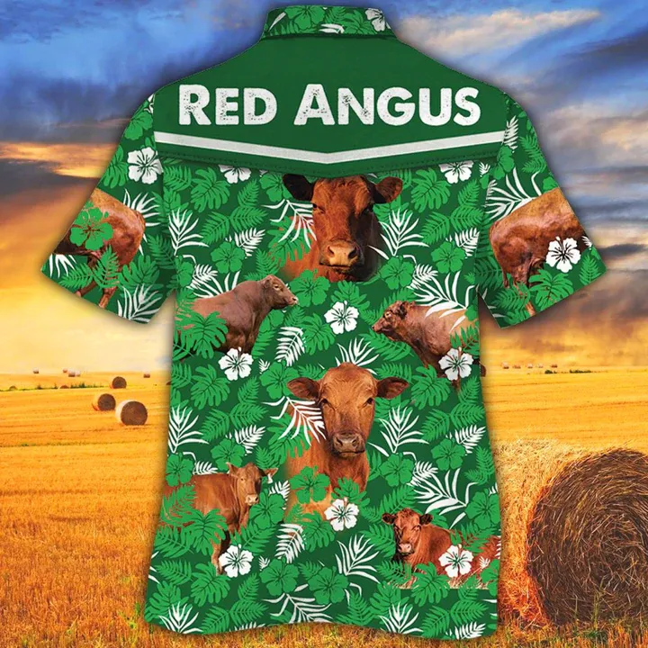 Cow Hawaiian Shirts for Men women - Vintage Farm Hawaiian Shirts, Red Angus Cattle Lovers Green Floral Pattern Hawaiian Shirt