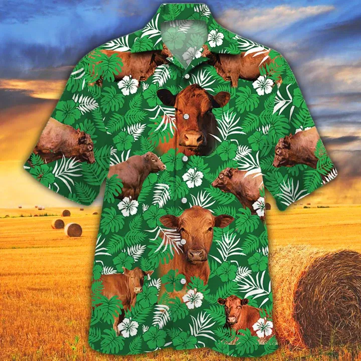 Cow Hawaiian Shirts for Men women - Vintage Farm Hawaiian Shirts, Red Angus Cattle Lovers Green Floral Pattern Hawaiian Shirt