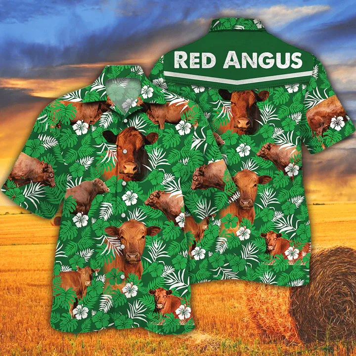 Cow Hawaiian Shirts for Men women - Vintage Farm Hawaiian Shirts, Red Angus Cattle Lovers Green Floral Pattern Hawaiian Shirt