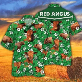 Cow Hawaiian Shirts for Men women - Vintage Farm Hawaiian Shirts, Red Angus Cattle Lovers Green Floral Pattern Hawaiian Shirt