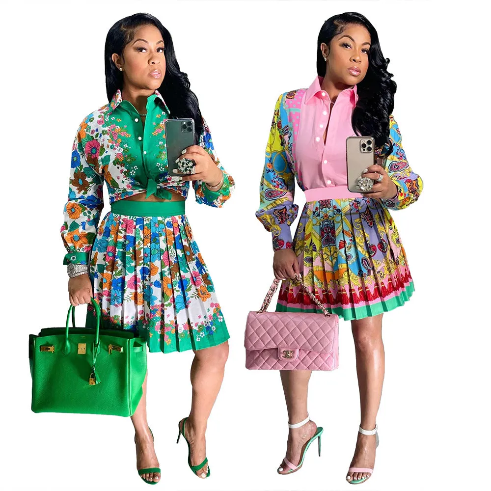 Fashion Printed Shirt Pleated Skirt Set（AY1748）