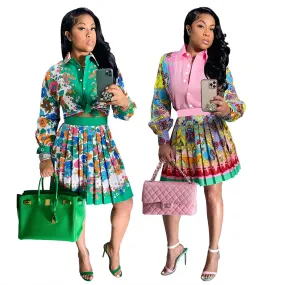 Fashion Printed Shirt Pleated Skirt Set（AY1748）