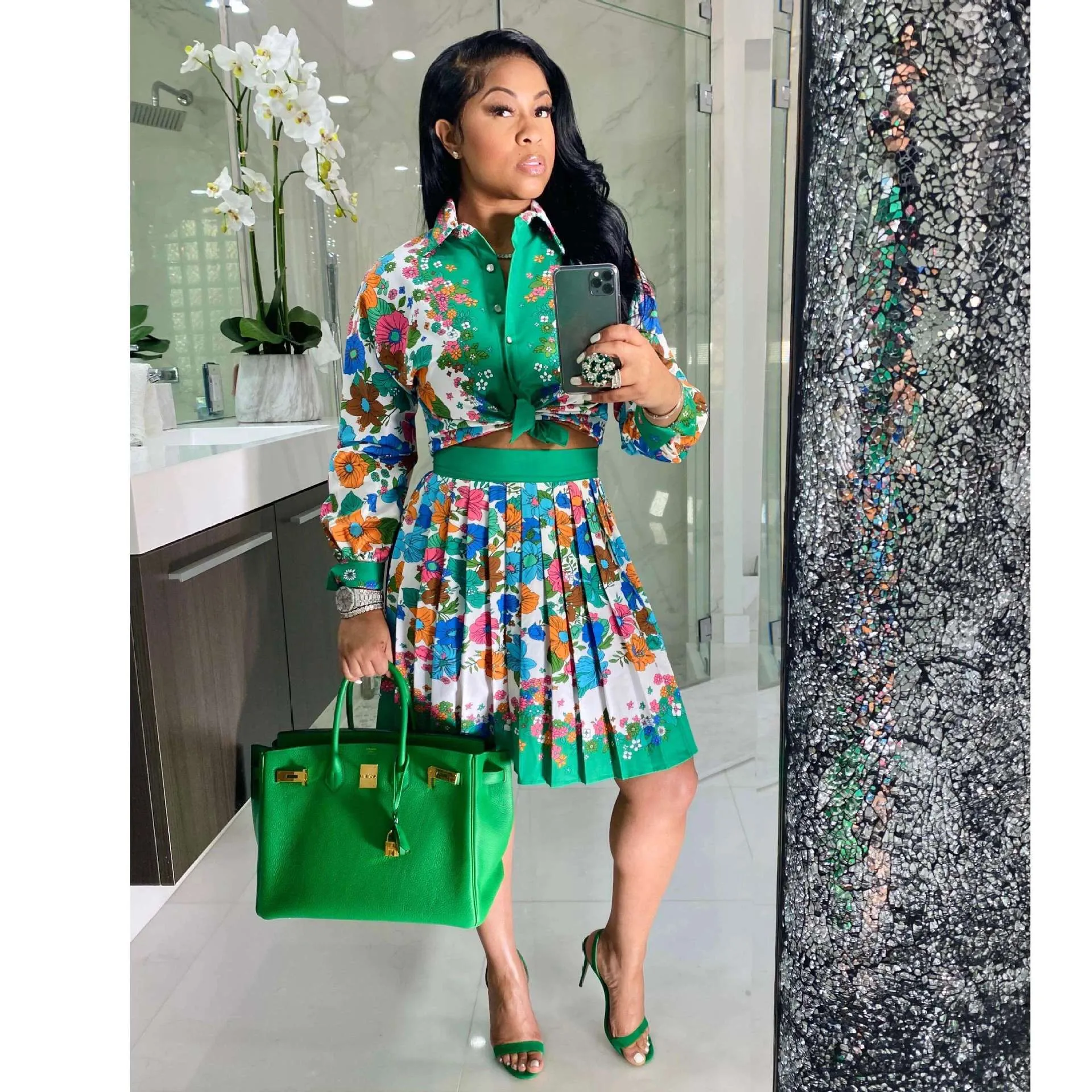 Fashion Printed Shirt Pleated Skirt Set（AY1748）