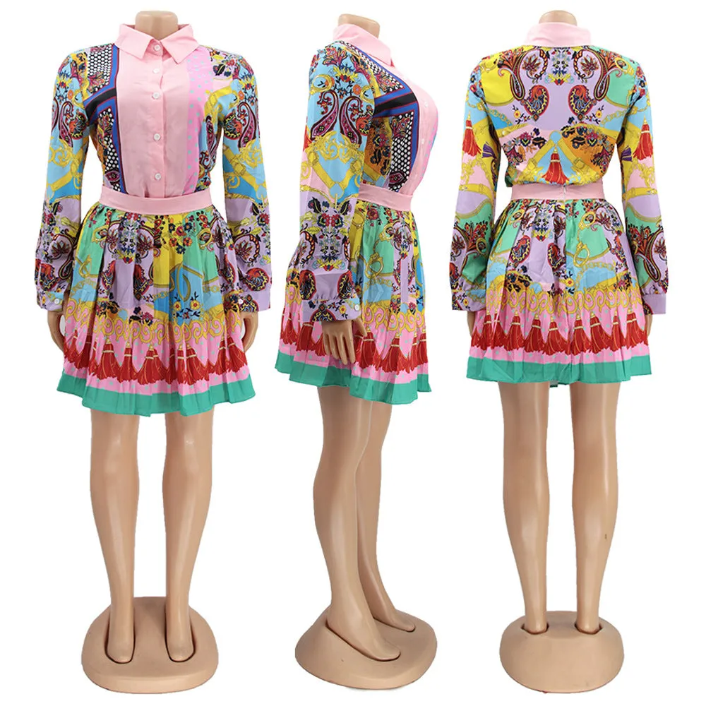 Fashion Printed Shirt Pleated Skirt Set（AY1748）
