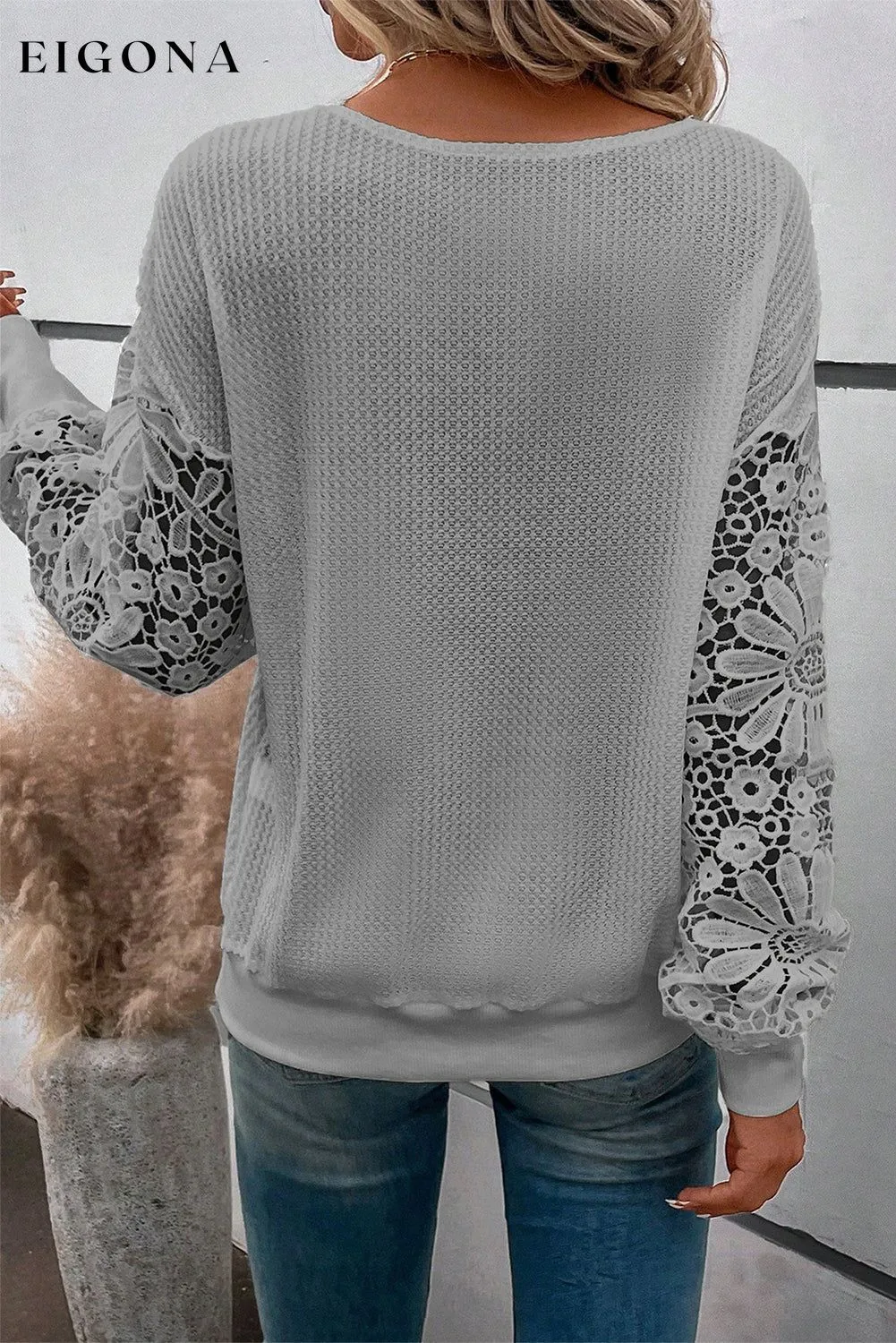 Gray Lace Splicing V Neck Puff Sleeve Top