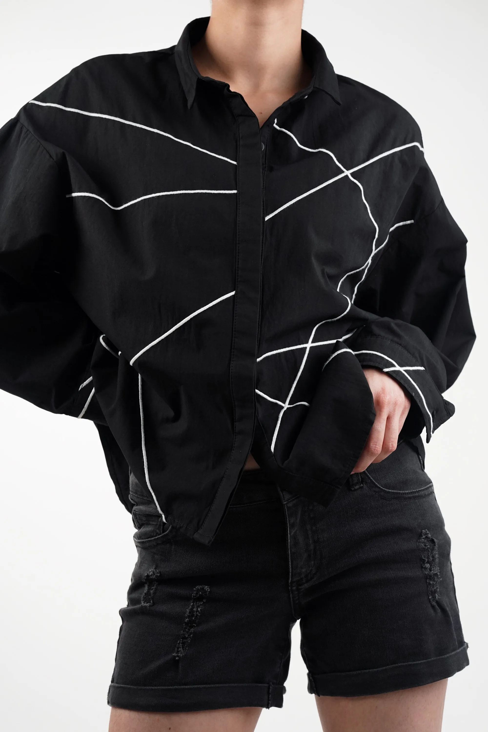 Lined Black Cotton Oversized Shirt