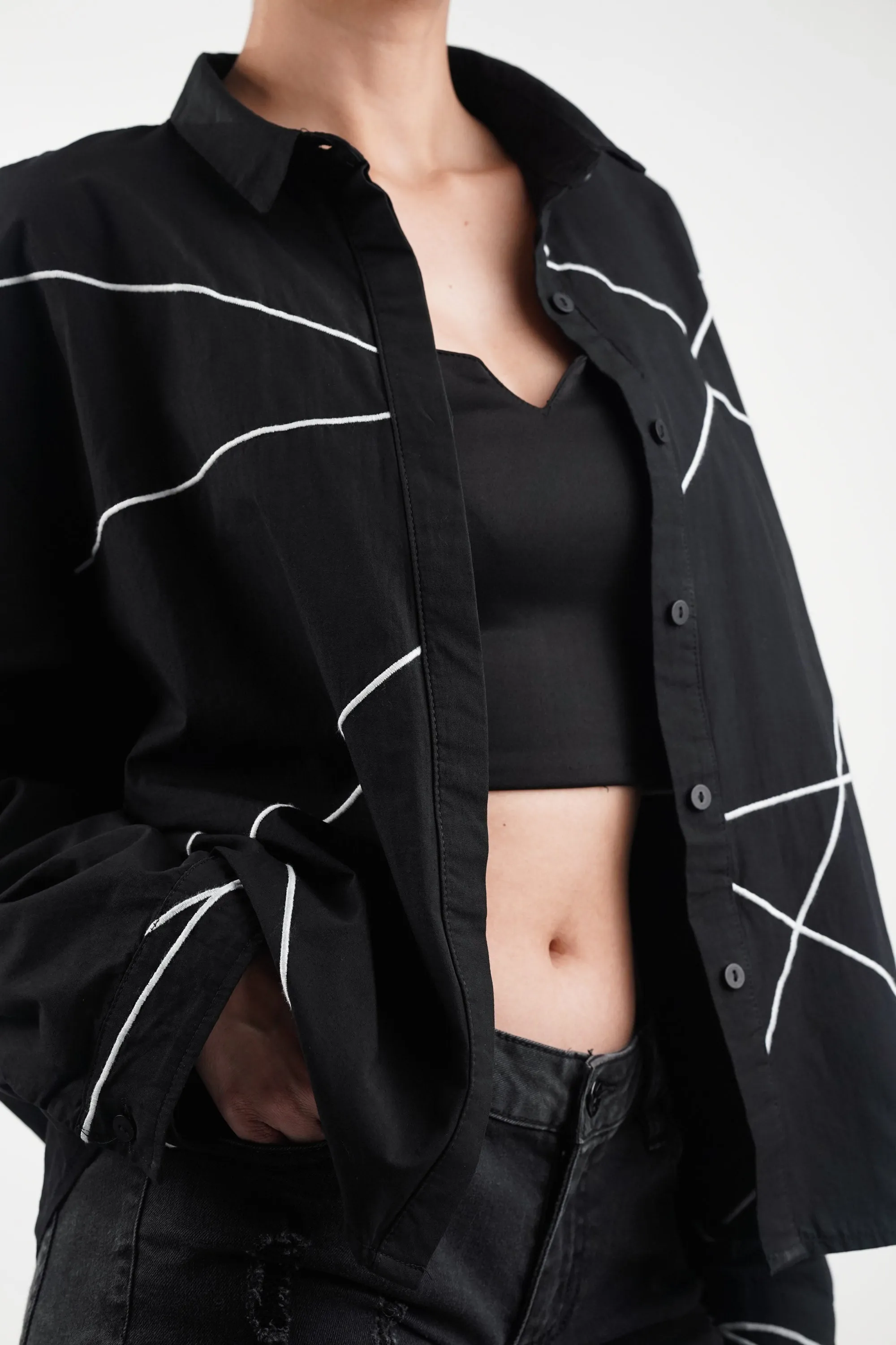 Lined Black Cotton Oversized Shirt