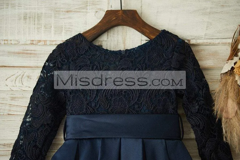 Long Sleeves Navy Blue Lace Satin Wedding Flower Girl Dress, Belt