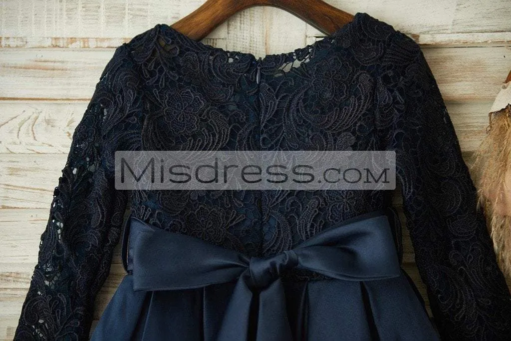 Long Sleeves Navy Blue Lace Satin Wedding Flower Girl Dress, Belt