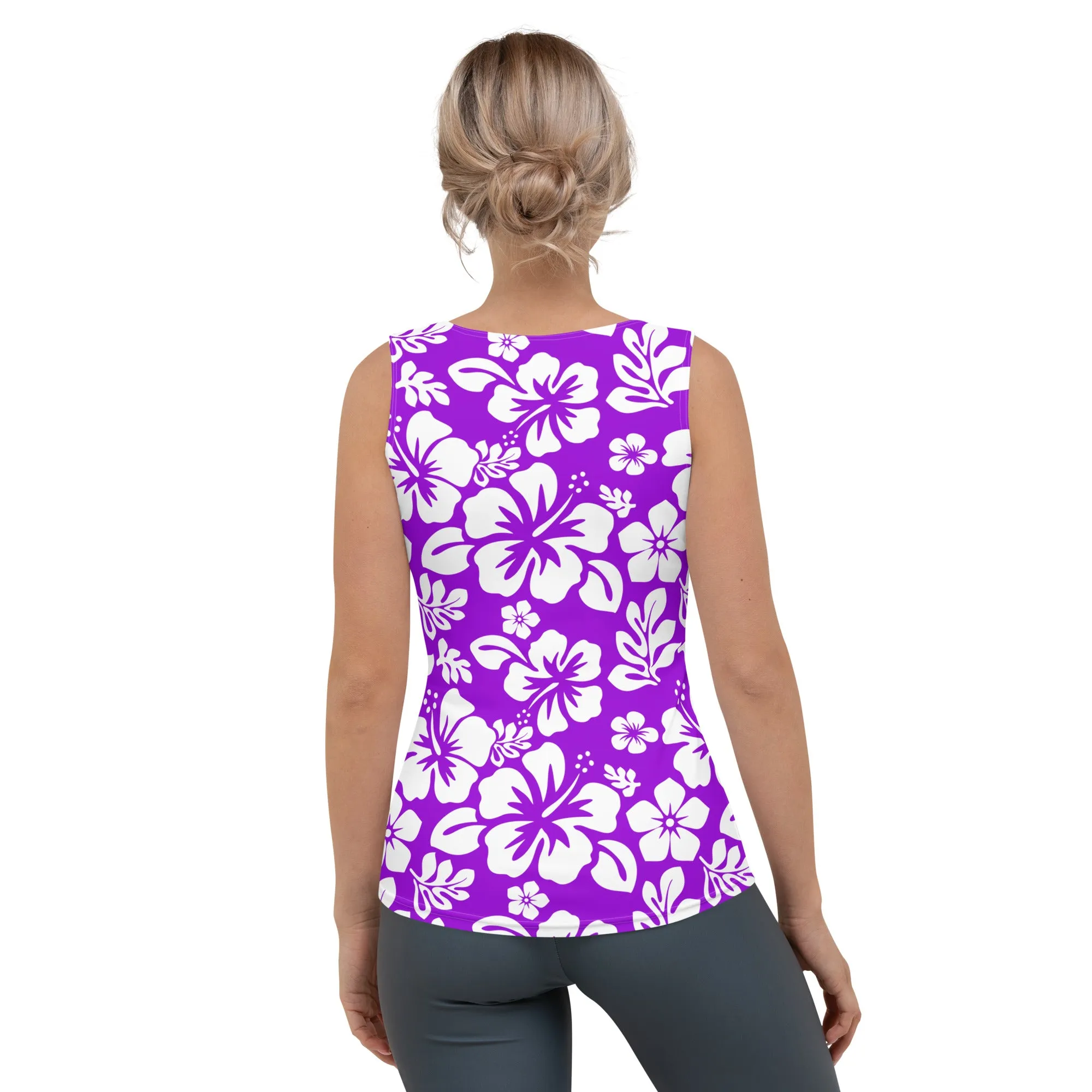 Purple and White Hawaiian Flowers Women's Athletic Swim Tank Top