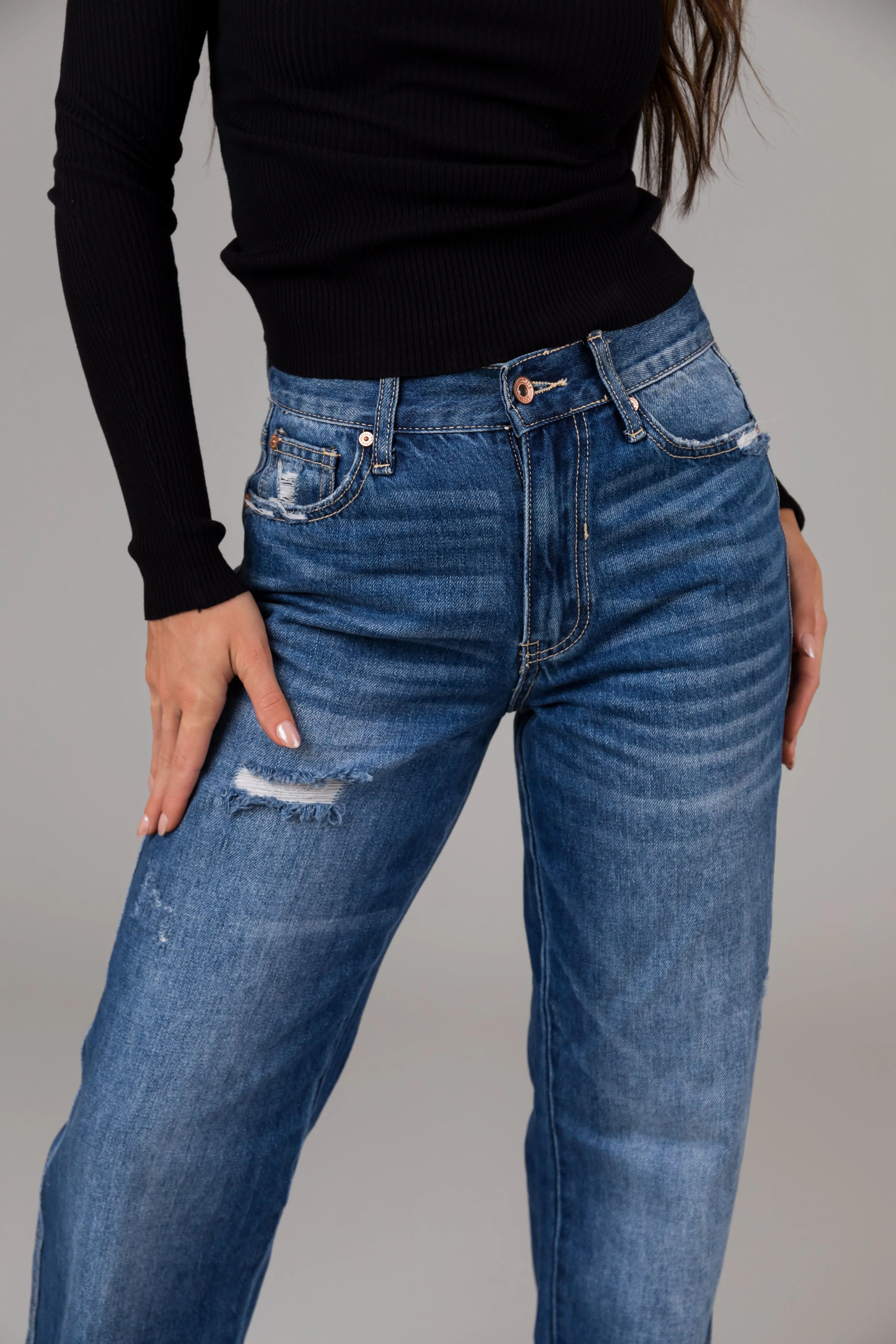 Special A Medium Wash High Rise Distressed Dad Jeans