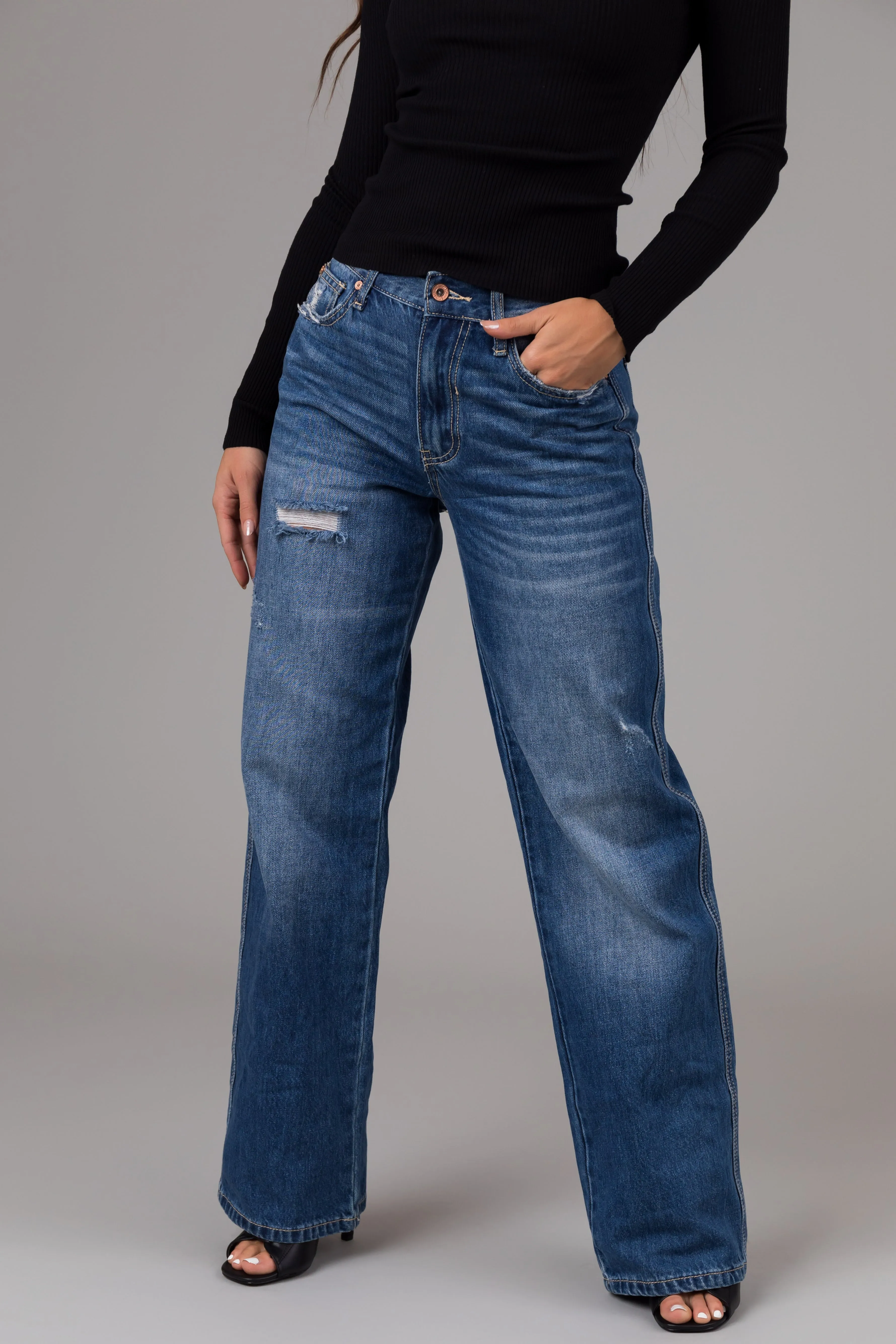 Special A Medium Wash High Rise Distressed Dad Jeans