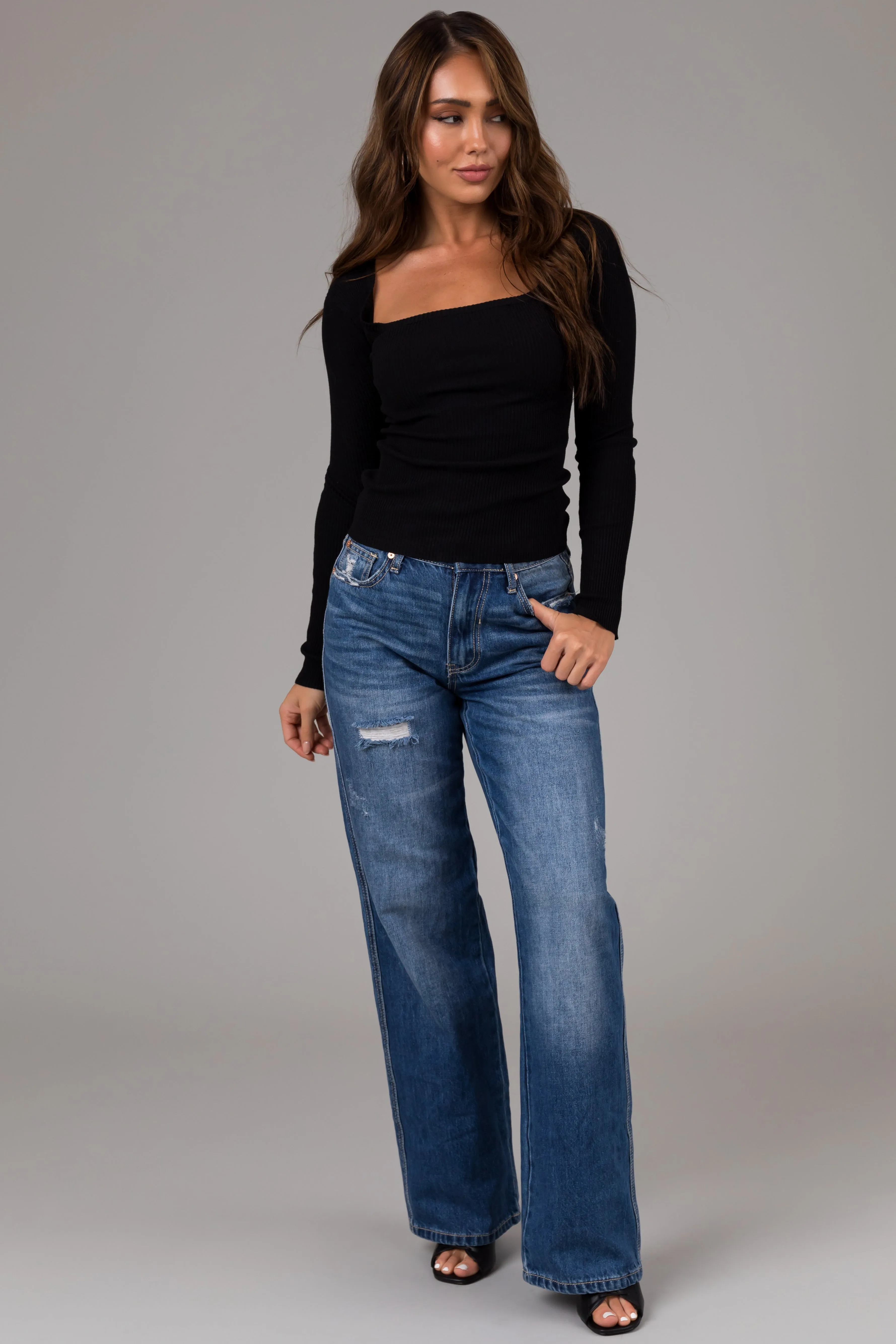 Special A Medium Wash High Rise Distressed Dad Jeans