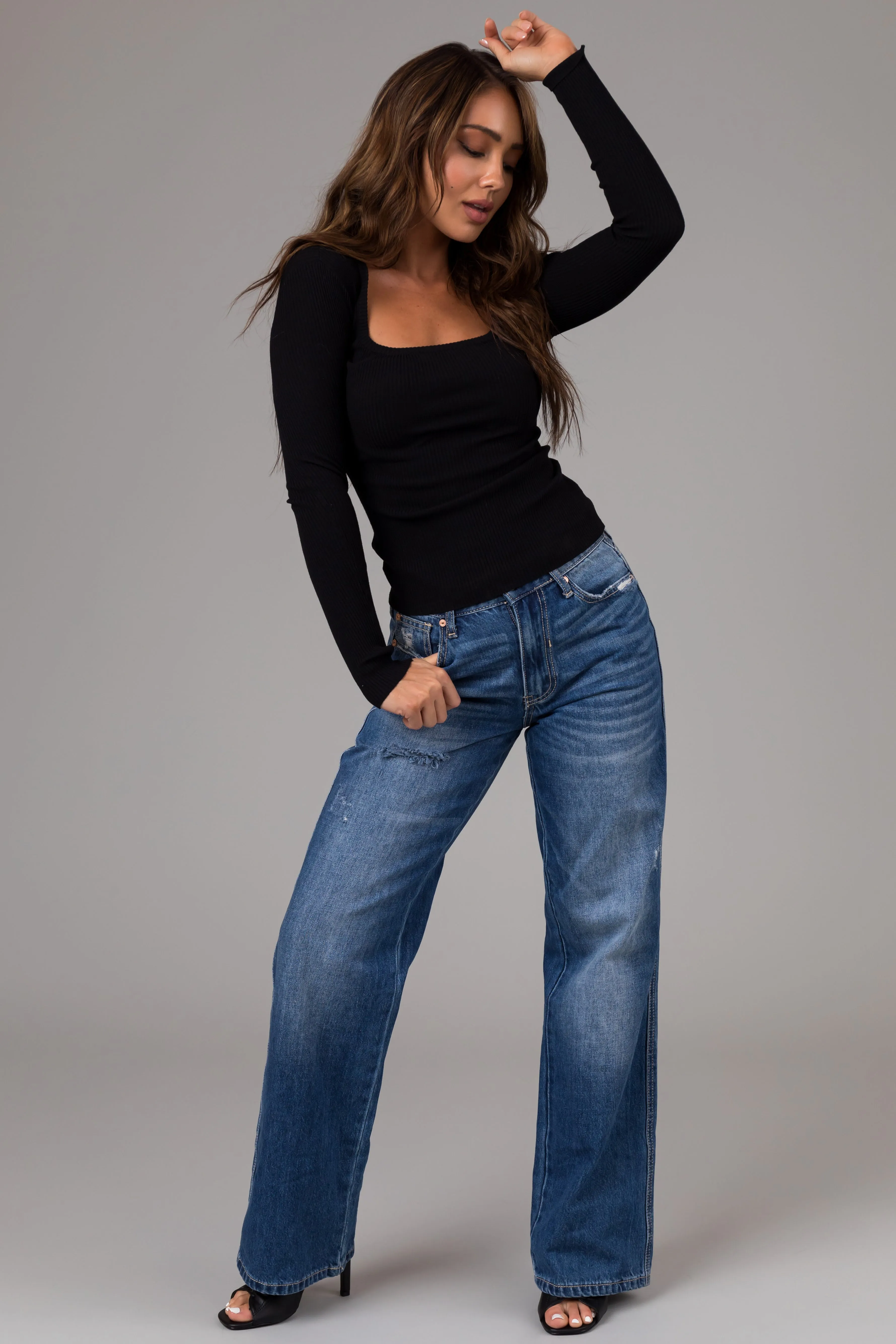 Special A Medium Wash High Rise Distressed Dad Jeans