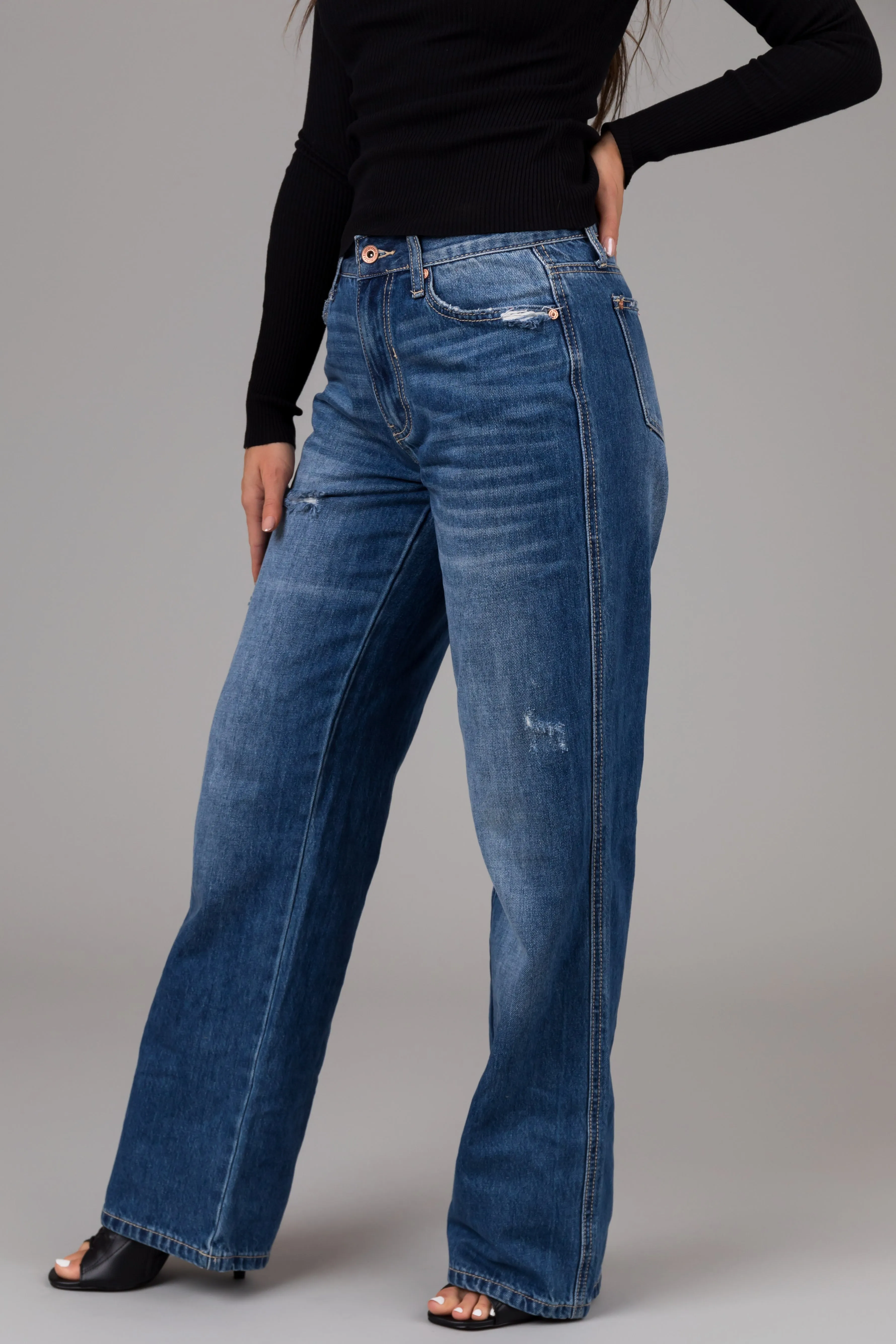 Special A Medium Wash High Rise Distressed Dad Jeans