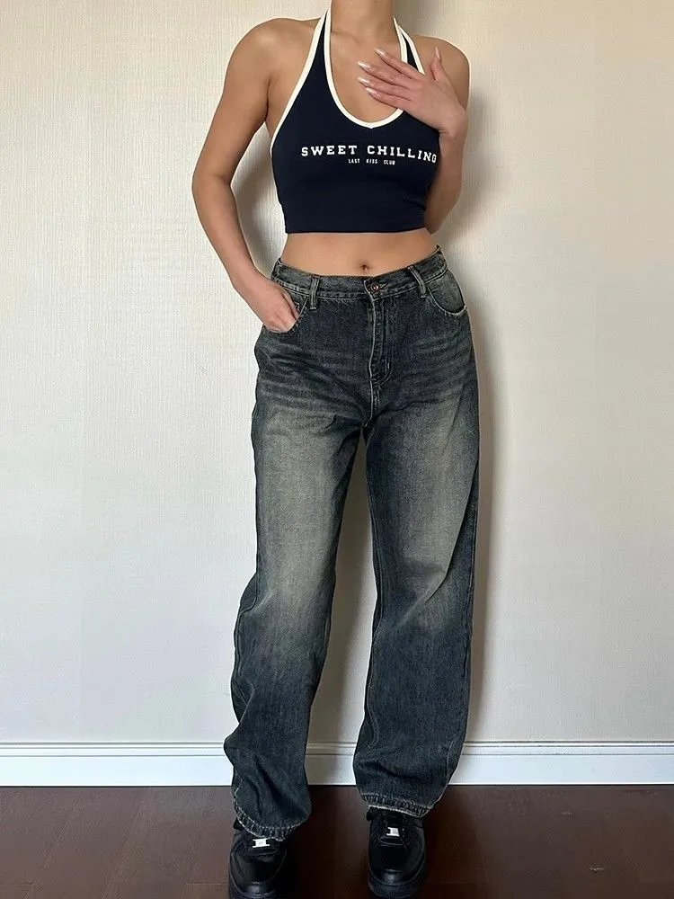 Toleet baggy American Retro White Elastic Straight Loose Jeans Women's Slim Fit Loose Slimming High Waist Smoke Tube Trousers