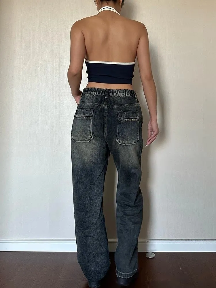 Toleet baggy American Retro White Elastic Straight Loose Jeans Women's Slim Fit Loose Slimming High Waist Smoke Tube Trousers