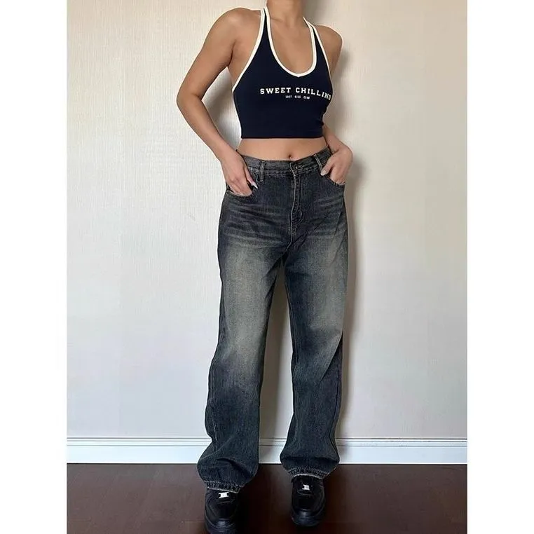 Toleet baggy American Retro White Elastic Straight Loose Jeans Women's Slim Fit Loose Slimming High Waist Smoke Tube Trousers