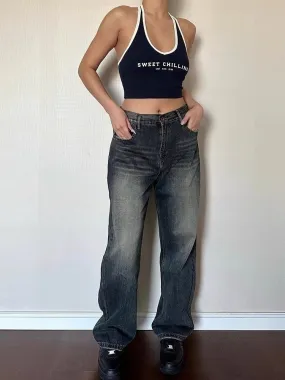 Toleet baggy American Retro White Elastic Straight Loose Jeans Women's Slim Fit Loose Slimming High Waist Smoke Tube Trousers