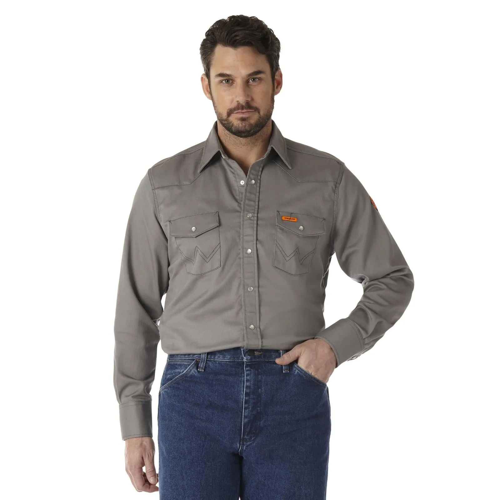 Wrangler FR Flame Resistant Long Sleeve Twill Solid Snap Shirt, FR127, Charcoal