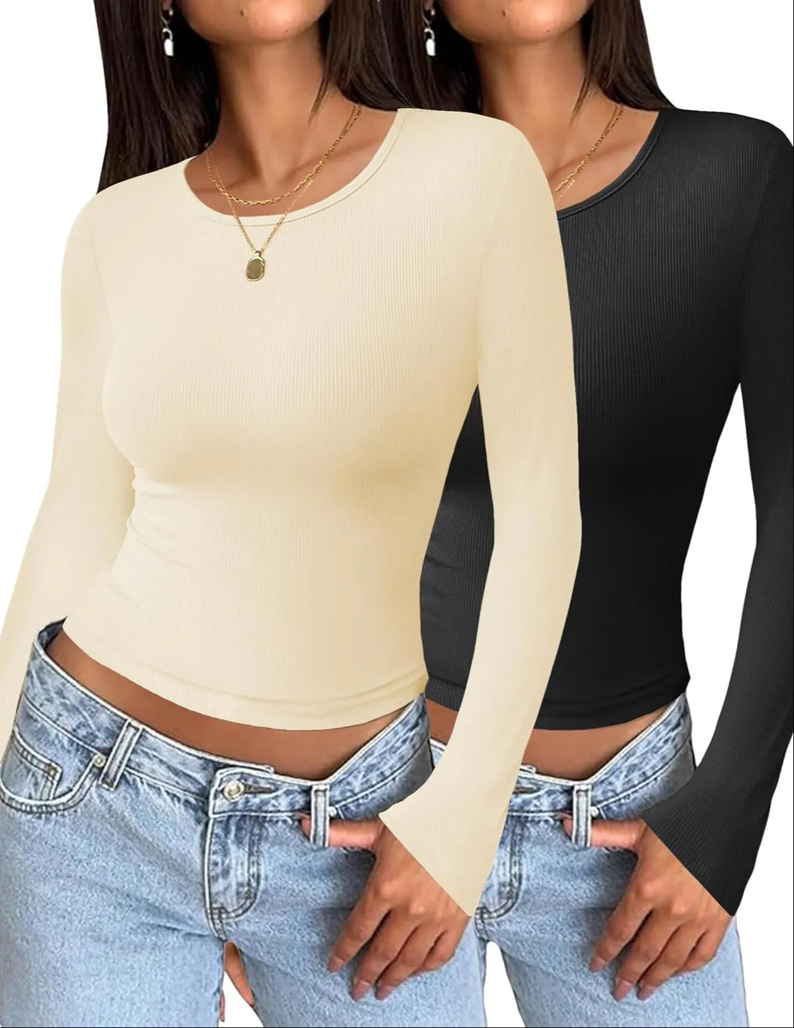 Zeagoo Women Long Sleeve T Shirts Crewneck Basic Casual Slim Fitted Knit Tops 2024 Casual Ribbed Thermal Undershirts Tee