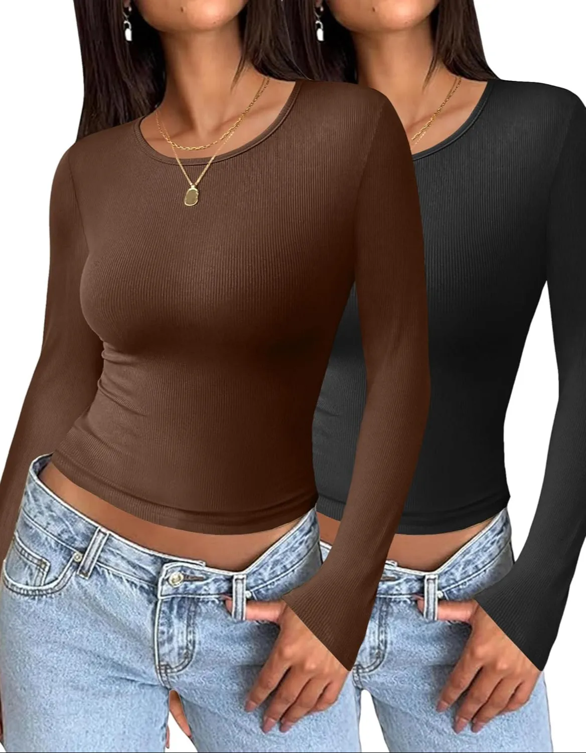 Zeagoo Women Long Sleeve T Shirts Crewneck Basic Casual Slim Fitted Knit Tops 2024 Casual Ribbed Thermal Undershirts Tee