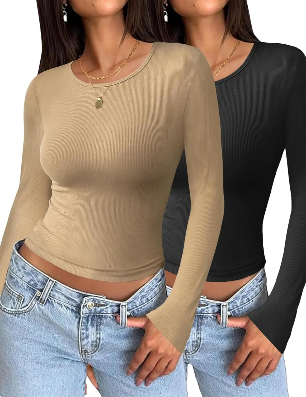Zeagoo Women Long Sleeve T Shirts Crewneck Basic Casual Slim Fitted Knit Tops 2024 Casual Ribbed Thermal Undershirts Tee
