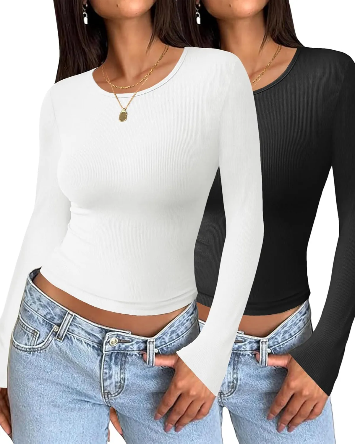 Zeagoo Women Long Sleeve T Shirts Crewneck Basic Casual Slim Fitted Knit Tops 2024 Casual Ribbed Thermal Undershirts Tee