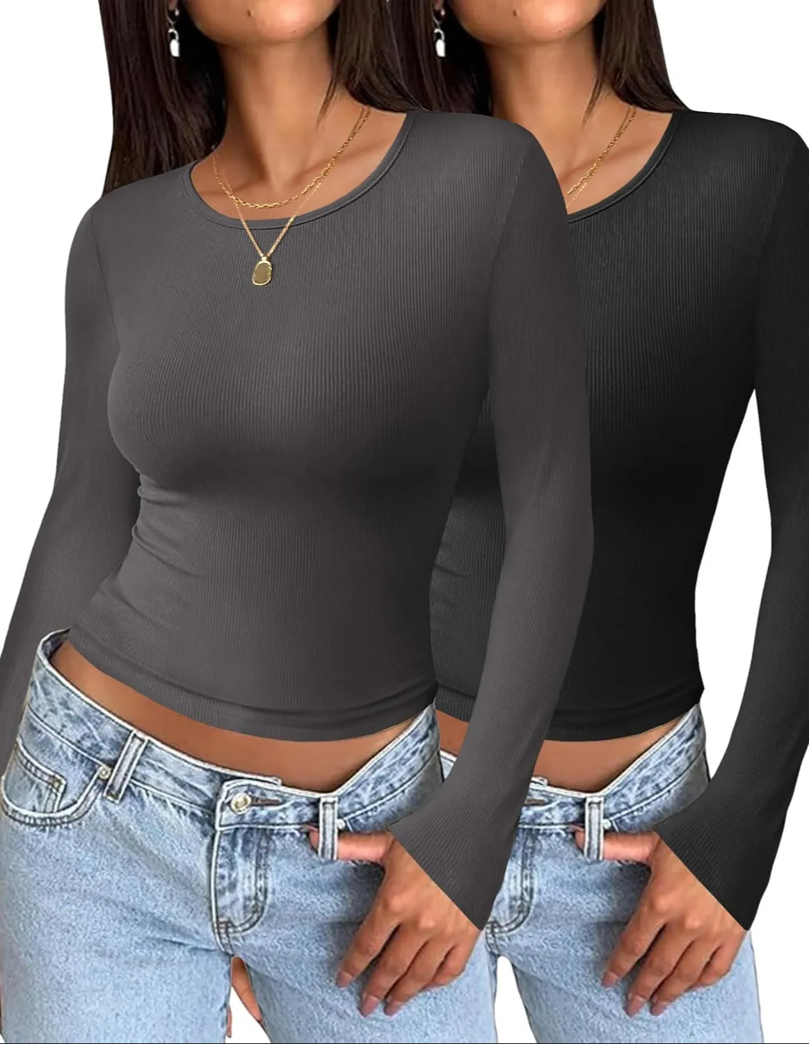 Zeagoo Women Long Sleeve T Shirts Crewneck Basic Casual Slim Fitted Knit Tops 2024 Casual Ribbed Thermal Undershirts Tee