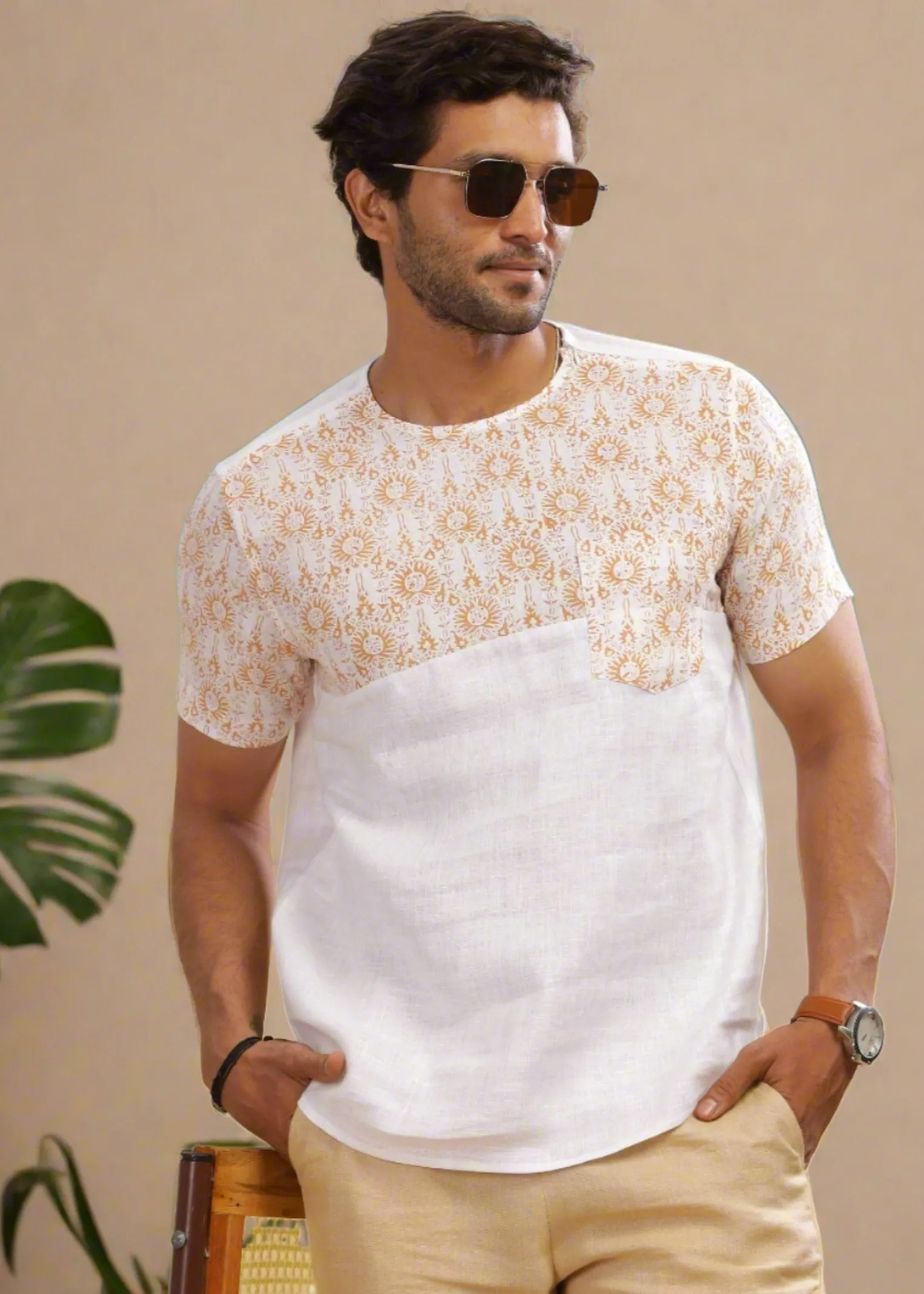 Zeal - Pure Linen Block Printed Short Sleeve T-Shirt - White