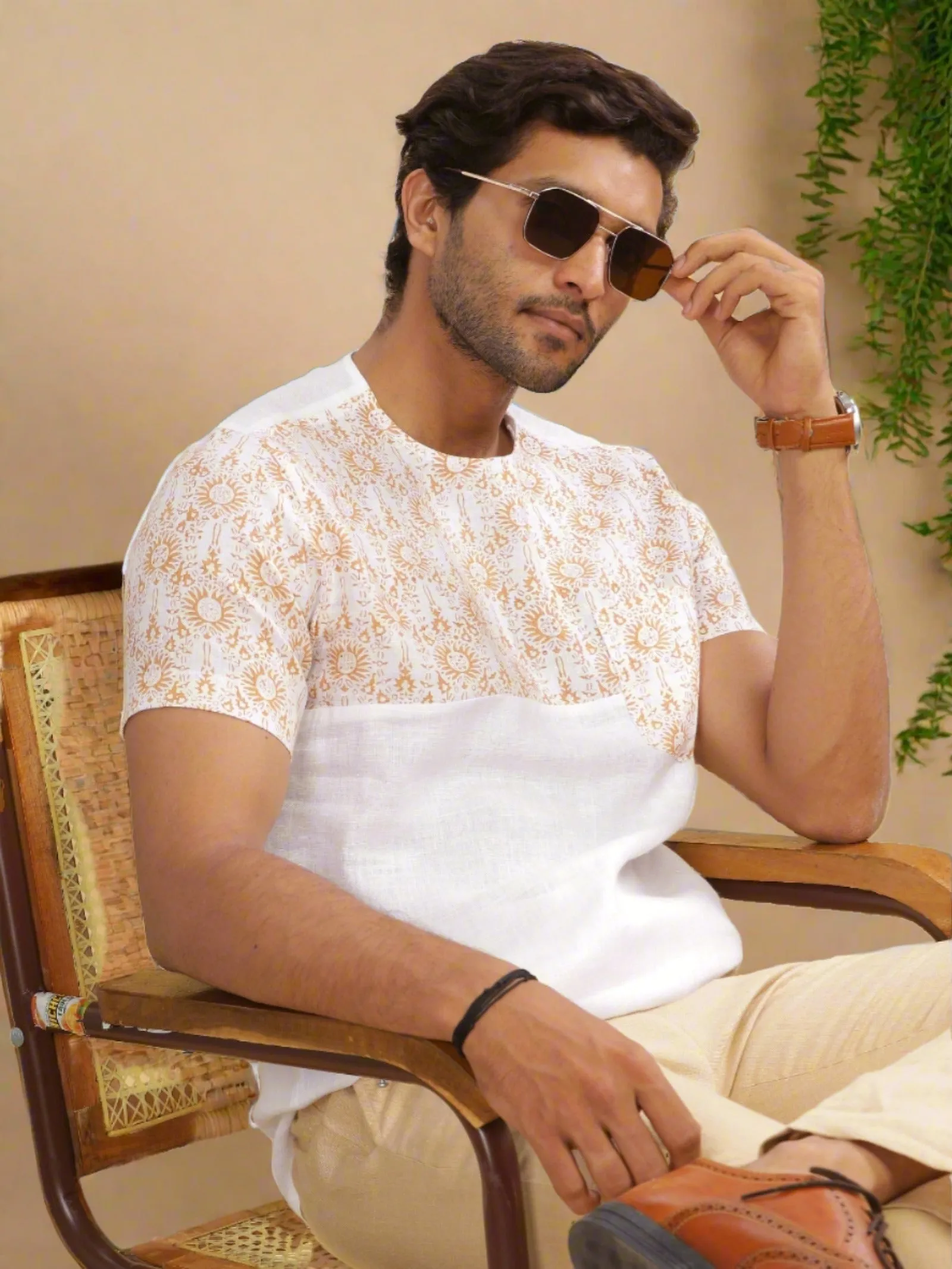 Zeal - Pure Linen Block Printed Short Sleeve T-Shirt - White