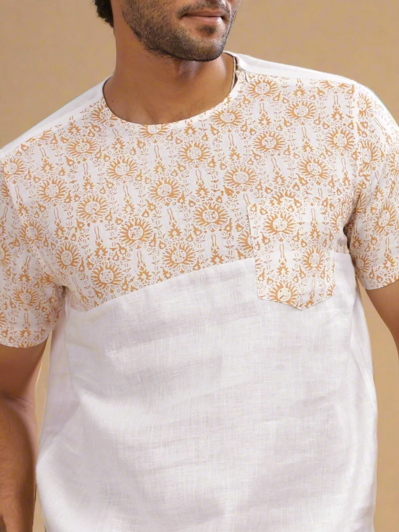 Zeal - Pure Linen Block Printed Short Sleeve T-Shirt - White